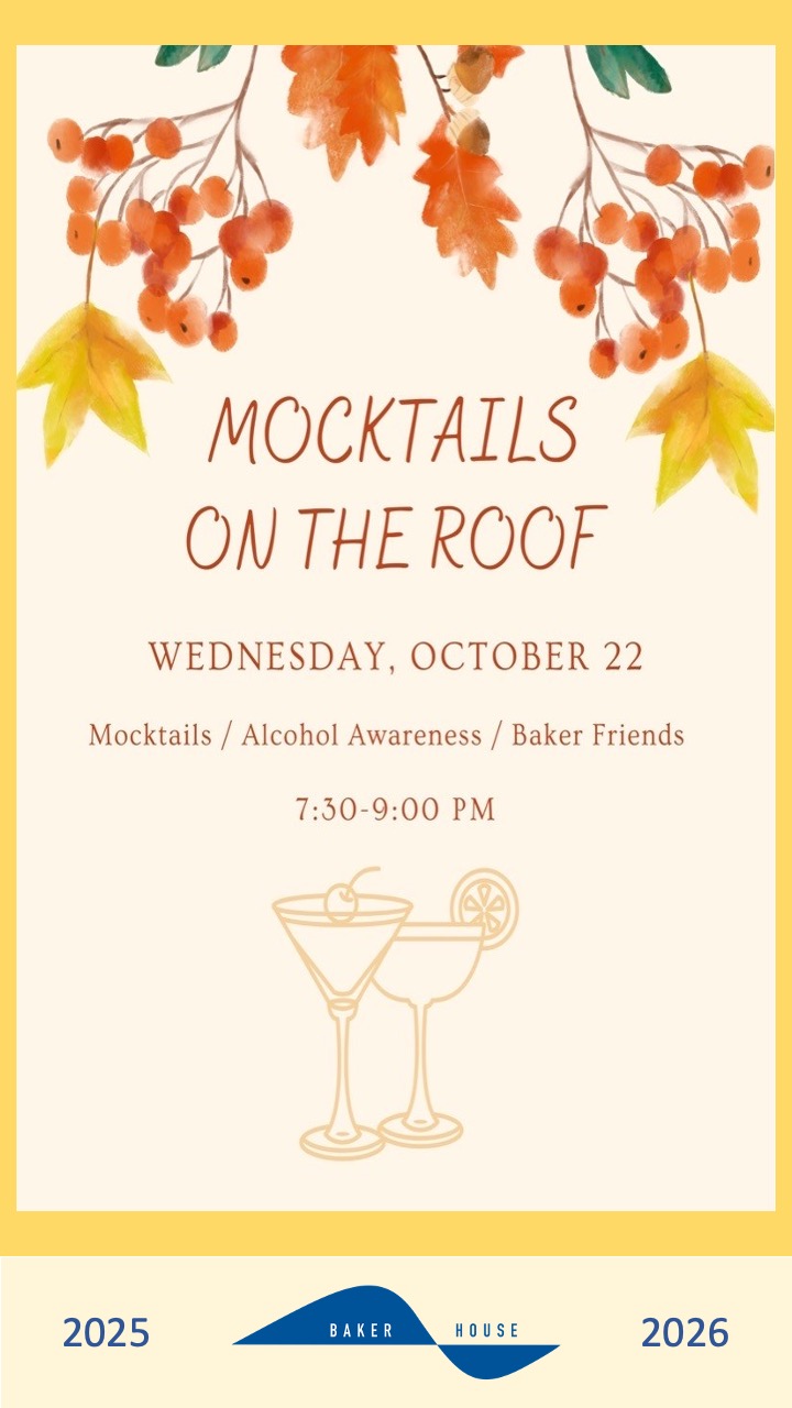 Poster for roof event, mocktail making to teach alcohol awareness and best practices.